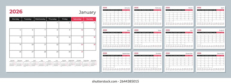 2026 calendar template. Corporate and business planner diary. The week starts on Monday. Set of 12 months of pages.