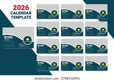 Projeto de modelo de calendário 2026 com elementos abstratos azul-marinho e verde