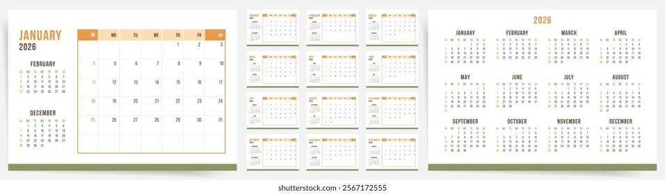 2026 Calendar Template Design. Sunday start office calendar. Desktop planner in simple clean style. Corporate or business calendar 2026. English vector 2026 calendar layout.