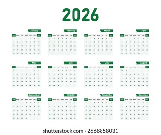 Vector de diseño de Plantilla de calendario 2026, diseño único de calendario de pared