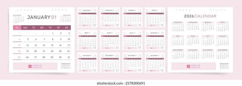 2026 Calendar Template Design. Week starts on Sunday pink office square calendar for businesswoman. Desktop planner in clean style. Corporate or business calendar. English vector calendar layout.