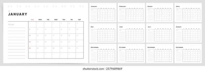 2026 Calendar Template Design. Week starts on Sunday office calendar. A4 minimalist planner with place for branding. 2026 calendar with notes. English vector calendar layout for 2026 year.	