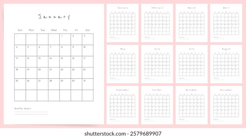 2026 Calendar Template Design. Week starts on Sunday office calendar. A4 vertical planner in simple clean style. Minimal Casual 2026 calendar. English vector calendar layout for 2026 year.	