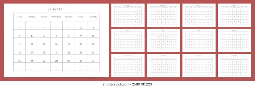 2026 Calendar Template Design. Week starts on Sunday office calendar. Wall or desk planner in minimalist linear style. Horizontal 2026 calendar. English vector calendar layout for 2026 year.	