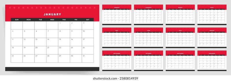 2026 Calendar Template Design. Week starts on Sunday office calendar. A4 horizontal planner with place for branding. Office 2026 calendar. English vector calendar layout for 2026 year.	