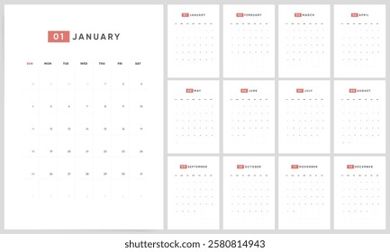 2026 Calendar Template Design. Week starts on Sunday office calendar. Vertical wall planner in simple clean style. Clean white and red 2026 calendar. English vector calendar layout for 2026 year.	