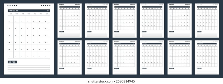 2026 Calendar Template Design. Week starts on Sunday office calendar. A4 planner with place for branding. Bold 2026 calendar. English vector calendar layout for 2026 year.	