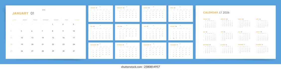 2026 Calendar template design. Week starts on Sunday office calendar. Desktop 2026 planner in minimalism clean style. Corporate classic simple calendar. English vector calendar layout.