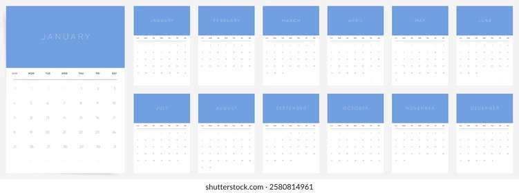 2026 Calendar Template Design. Week starts on Sunday office calendar. A4 planner with place for branding. Simple 2026 calendar. English vector calendar layout for 2026 year.	