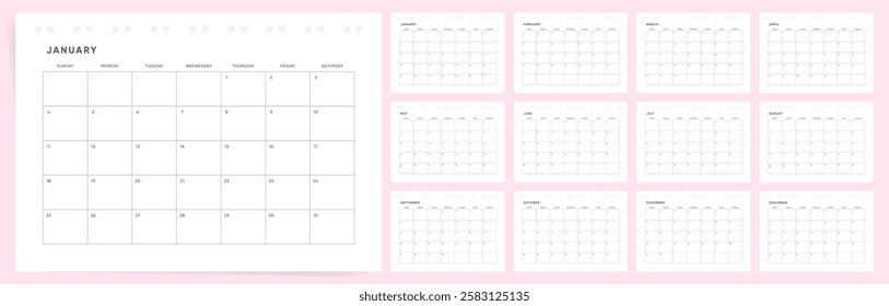 2026 Calendar Template Design. Week starts on Sunday office calendar. A4 minimalist cozy planner with place for branding. Casual 2026 calendar. English vector calendar layout for 2026 year.