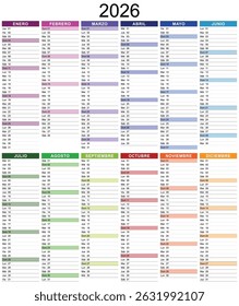 2026 calendar template for diary, organizer or planner with Spanish texts