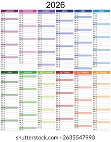 2026 calendar template for diary, organizer or planner with German texts