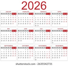 2026 calendar template for diary, planner, organizer with months and weeks in German - Powered by Shutterstock - Get 15% off with code: PIKWIZARD15