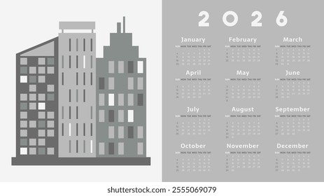 2026 Calendar Template in English in business style and grey colors. Grid of months and week starts from Sunday. Illustration of houses and buildings with empty space for company name on top.