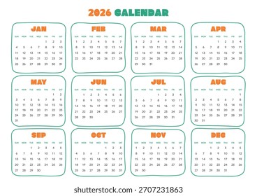 Plantilla del calendario 2026. Presenta un diseño de cuadrícula moderno y limpio con cada mes claramente marcado con un encabezado de bloque de color saturado y un número de mes.