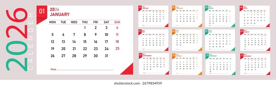 Plantilla de calendario 2026 con los doce meses en un diseño simple y moderno