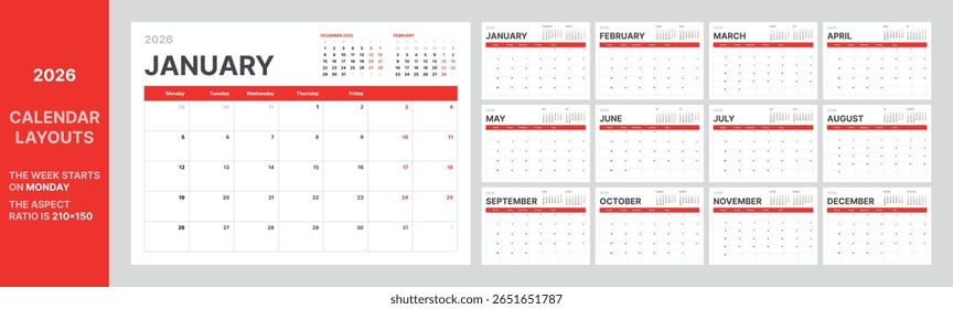 2026 calendar template minimalist red black design Monday start horizontal grid wall planner full year layout week view modern style vector print aspect ratio 210x150 preview thumbnails included