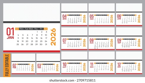 Plantilla del calendario 2026: planificador anual editable moderno con diseño de cuadrícula mensual