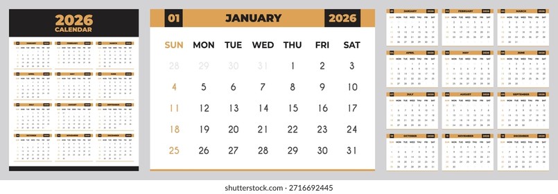 Conjunto de Plantillas del calendario 2026, Clipart de calendario mensual mínimo con horario semanal