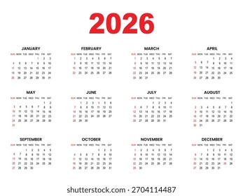 2026 Calendar Template with simple and modern design