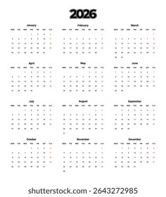 2026 calendar template vector editable.