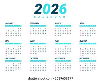 2026 calendar template vector with modern blue and white design full year monthly layout clean minimal design for corporate or personal planning