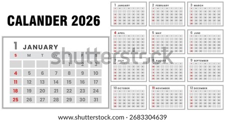 2026 calendar template vector. simple yearly planner design with all months, minimal grid layout, printable schedule chart, clean business organizer background