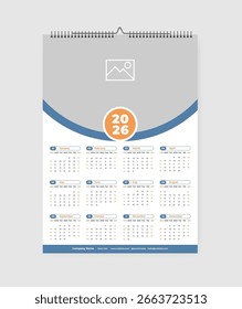 Plantilla de calendario 2026, calendario de pared 2026