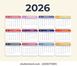 Plantilla del calendario 2026, diseño abstracto de la Plantilla del diseño del calendario de la pared 2026 para el año nuevo 2026