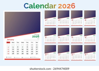 2026 Calendar Template, 2026 wall calendar design abstract template design for 2026 new year, calendar 2026 design
