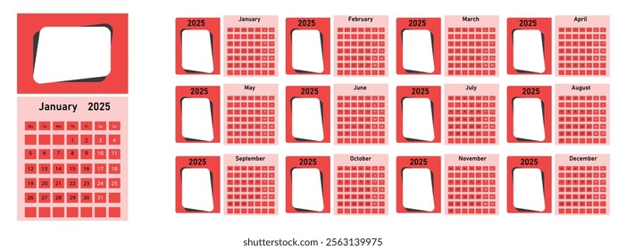 2026 Calendar template.Place for your photo.Week Starts on Monday.Set of 12 calendar pages.