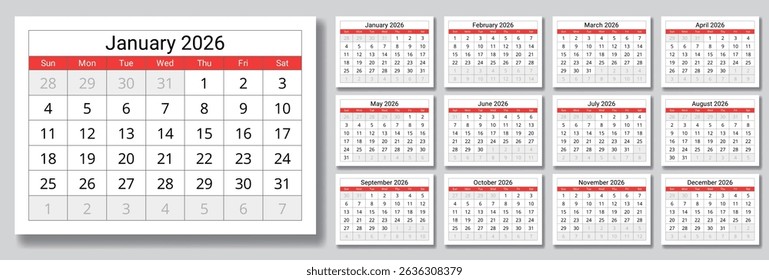 2026 calendar. A vector collection of English monthly page calendars. Design with Sunday start