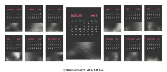 2026 calendar vector design template, retro design. Calendar in German. The week starts on Monday. Elements with stipple texture.