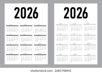 Ilustración vectorial del calendario 2026 sobre fondo blanco 