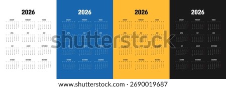 2026 Calendar - vector illustration. Week starts on Monday. Calendar Set for 2026 year. Calendar 2026 week start Monday corporate design template vector. Desk calendar 2026.