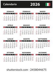 2026 Calendar - vector stock illustration. Italy, Italian version | Calendario 2026 - illustrazione di riserva di vettore. Italia, versione italiana