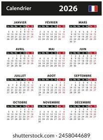 2026 Calendar - vector stock illustration. France, French version | Calendrier 2026 - illustration vectorielle stock. France, version française