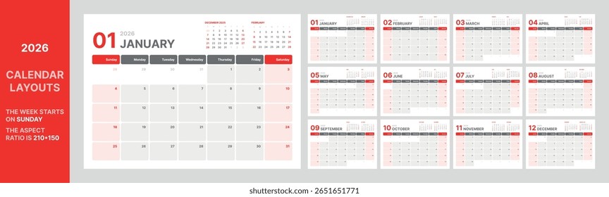 2026 calendar vector template grid layout twelve months week starts Sunday red gray tones typography monthly view planner editable printable ratio 210x150 clean modern organizer