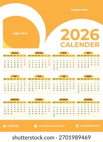 2026 Calendar Vector Template – Minimalist Yearly Planner Design, Printable Modern Wall and Desk Calendar