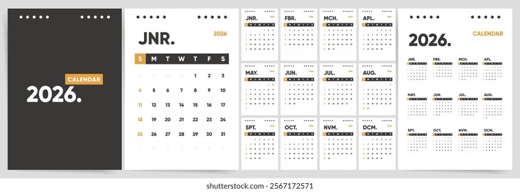 2026 Calendar Vertical A4 template design. Sunday Starts 12 Calendar Pages for 2026 Business Year. Desktop planner in simple clean style. Corporate or office calendar. English vector calendar layout.