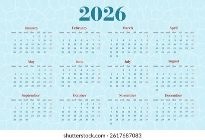 2026 calendar. Week starts on Monday. Calendar on background with water texture. For swimming pools, boarding houses, resorts, business. Vector illustration.