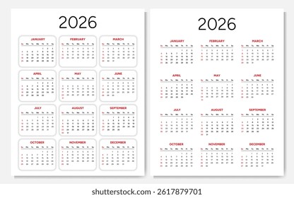 2026 calendar. Week starts on sunday. Calendar on white background in two variants. For business and offices. Vector illustration.