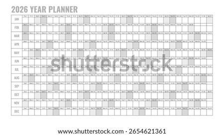 2026 Calendar Year Planner Featuring a Full Year Layout in a Vertical Format, Simple Design Ideal for Scheduling and Organizing Activities, Vector Illustration for Practical Use.