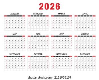 2026 Calendar year vector illustration. week starts on Sunday, Simple planner design template, desk calendar 2026 year, wall calendar 2026 template, print media, advertisement