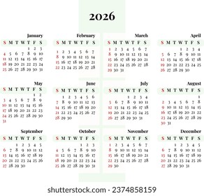 2026 calendar year vector illustration. week starts Sunday, Minimalist design template, wall calendar 2026 template, print media, advertisement