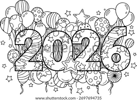 2026 Celebration Coloring Page Vector New Year Balloons