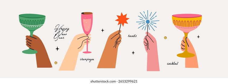 2026. Cheers Celebration Art. Vector illustration of hands celebrating with cocktails, champagne glass and sparklers. Perfect for New Year, party invitation and invite or festive design. Fun.