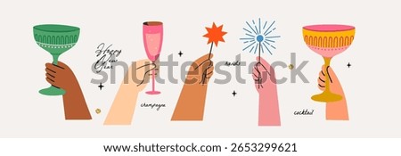 2026. Cheers Celebration Art. Vector illustration of hands celebrating with cocktails, champagne glass and sparklers. Perfect for New Year, party invitation and invite or festive design. Fun.