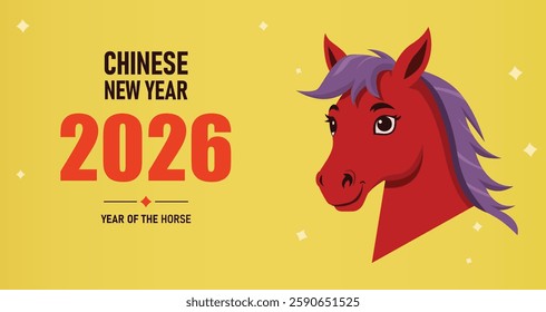 2026 Chinese Lunar new year background, year of horse, social media story template, banner. Happy Chinese new year 2026 greeting card with horse. vector illustration banner, website, cover, calendar.