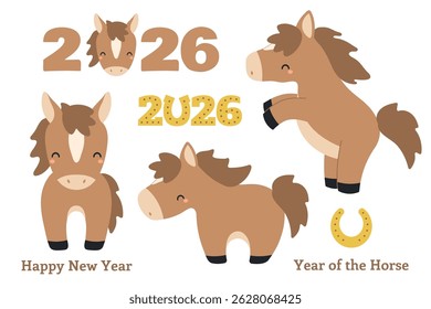 2026 Chinese Lunar New Year cute cartoon horse clip art collection, isolated. Flat style vector illustration. Zodiac sign, animal character. CNY, Seollal, Tet holiday card, banner design element